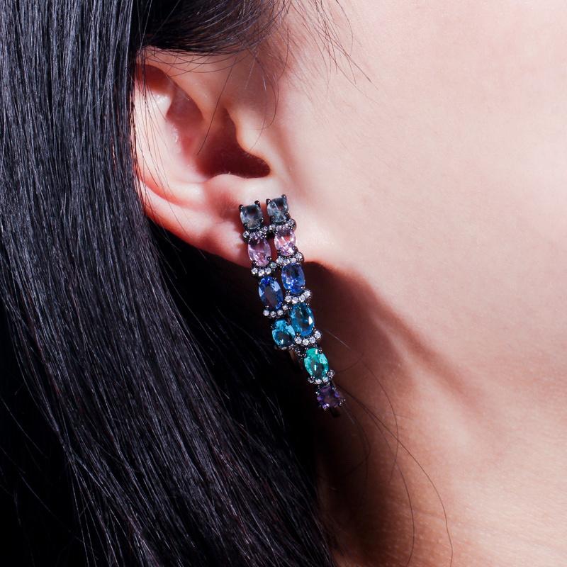 WWJ New Fashion Design Black Golden Color Bohemian Multicolor Zircon Double Hoop Earrings