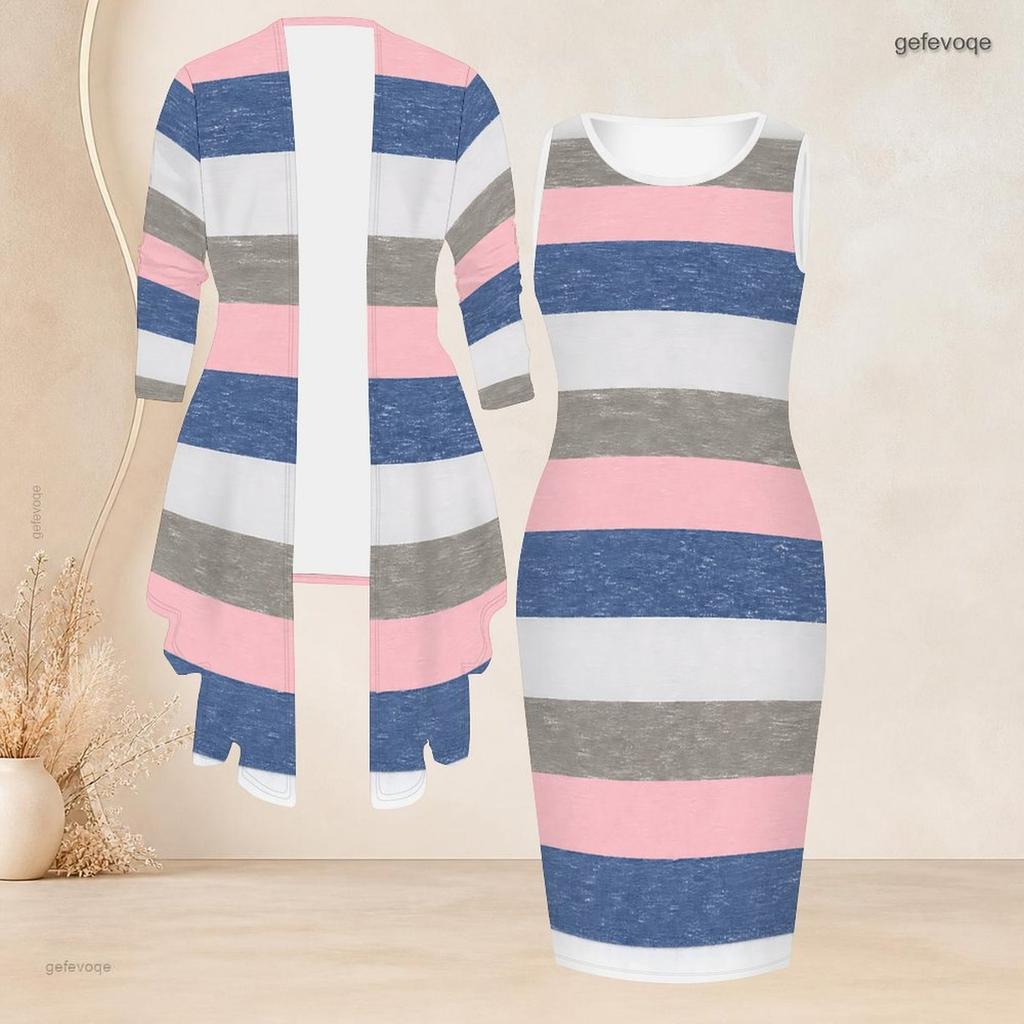 Women Plus Size Two Piece Set Printed Sleeveless Bodycon Dress And Three Quarter Sleeve Draped Cardigan
