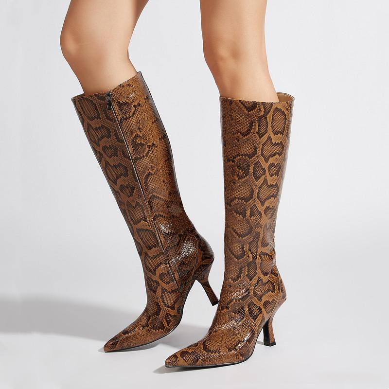 Fashion 2025 Autumn Winter Snake Pattern Patent Leather Women Knee-high Boots Elegant Pointed toe High heels Fashion Party Boots Shoes