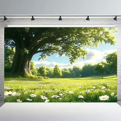 2D Lněná látka s motivem přírodní louky Zelený dub Bílý sedmikráska Fotografické pozadí