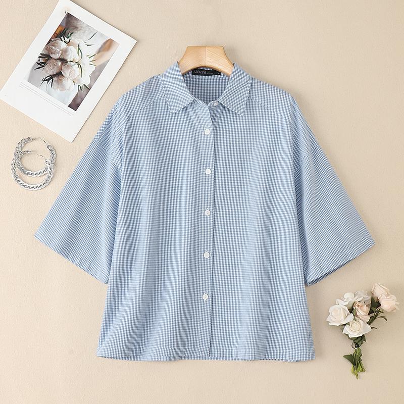 ZANZEA Women Turn Down Collar Loose Half Sleeve Casual Grid Print Blouse