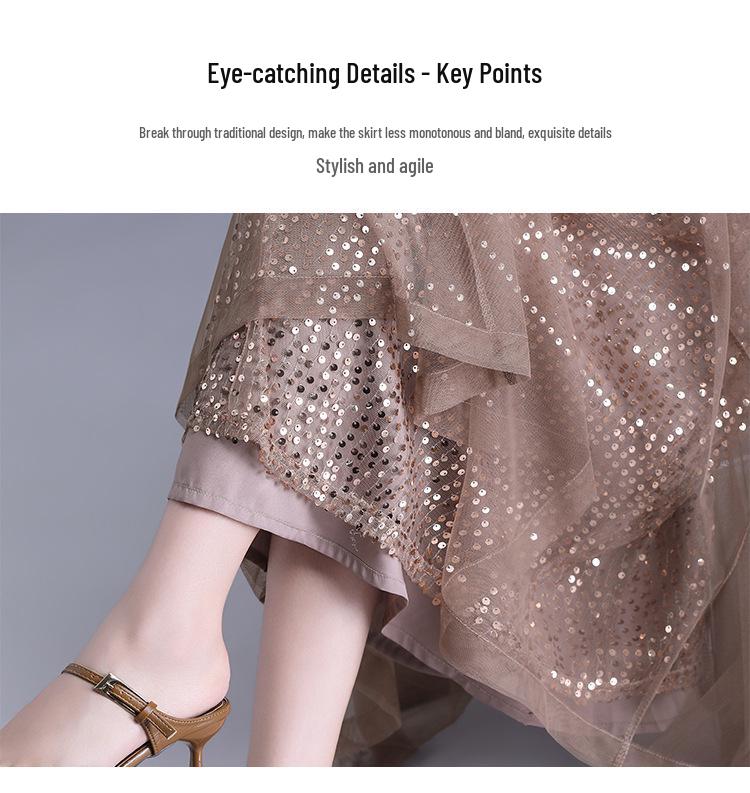 Spring 2026 Sequin Mesh A-line Midi Skirt - Slimming, Drapey, Fashionable, Casual Wear