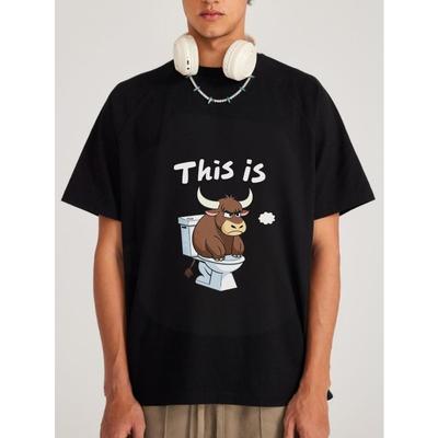 T-shirt Girocollo Stampa Cartoon Toro Bianco sul WC per Abbigliamento Casual