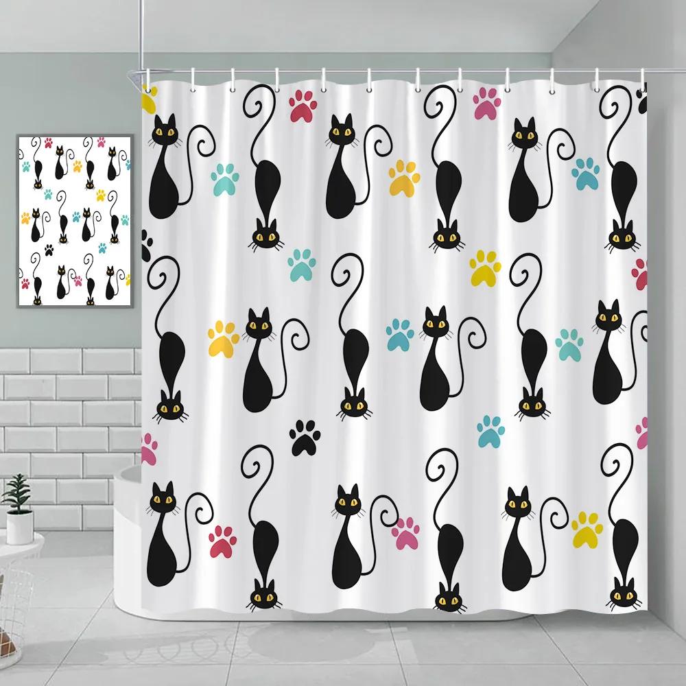 Bohemian Shower Curtain Cat Romantic Mid Century Modern Minimalist Abstract Lines Geometric Tropical Plants Bathroom Decoration