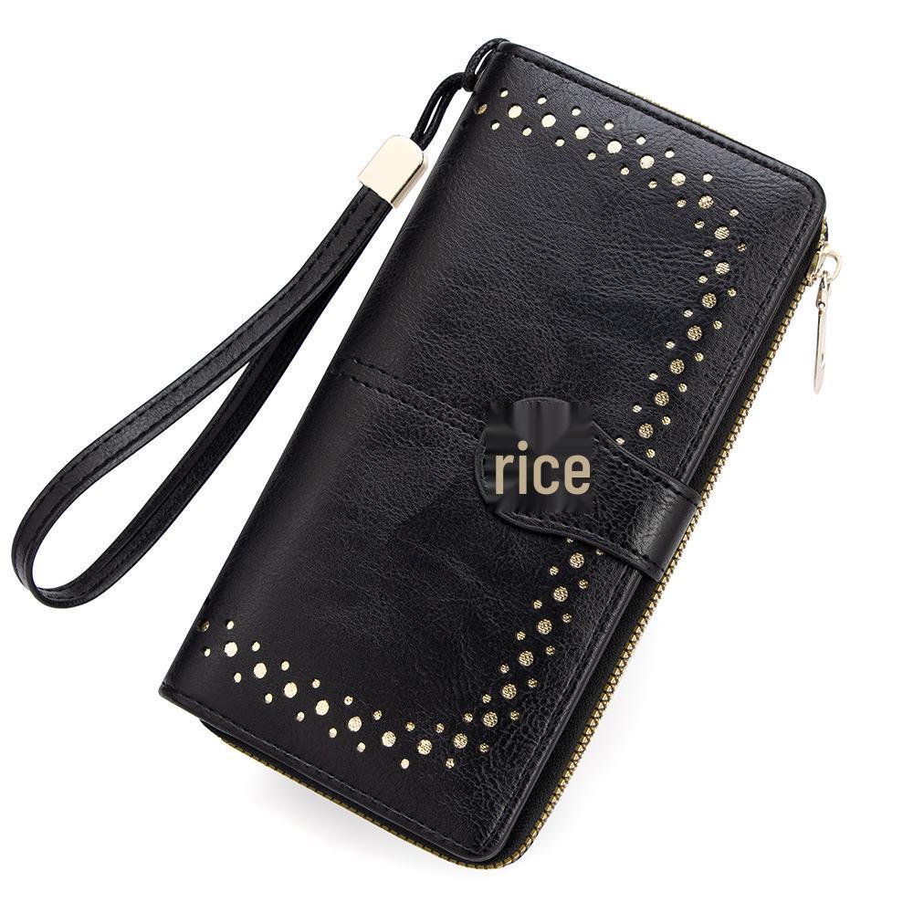 Women's Oil Wax Leather Zip Wallet with Hollow Pattern and Card Holder
