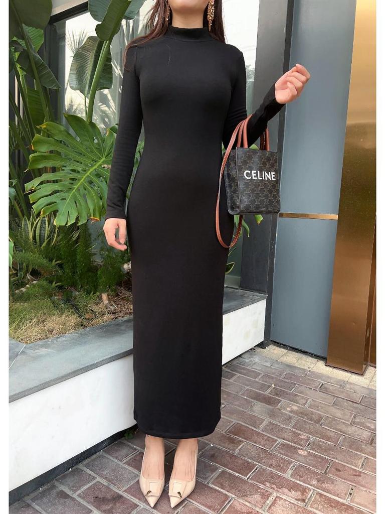 Elegant High-End Autumn Winter Dress: Warm, Semi-High Collar, Slimming Socialite Style