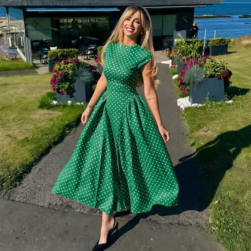 Women's Crew Neck Polka Dot Printed Maxi Dress Vintage Waist Defined