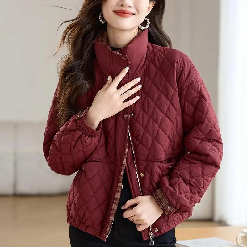 Women's Winter Stand-up Collar Diamond-shaped Grid Thin Cotton-padded Jacket, Autumn and Winter Loose Warm Jacket
