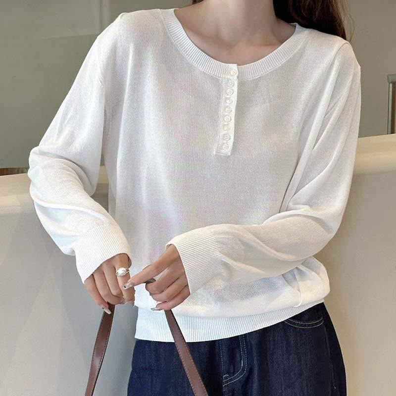 Simple Half Placket Button Design Loose Pullover Knitted Sweater Women's Fashion Age-reducing Casual Inner Bottoming Shirt Early Autumn