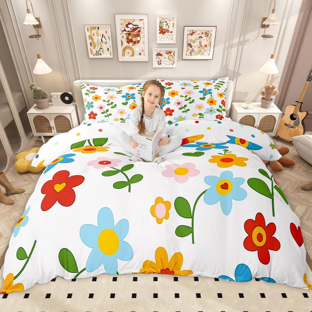 Homewish Cute Groovy Floral Duvet Cover Set for Girls, Vintage Butterfly Flower Bedding Set, Cartoon Blossom Comforter Cover Set
