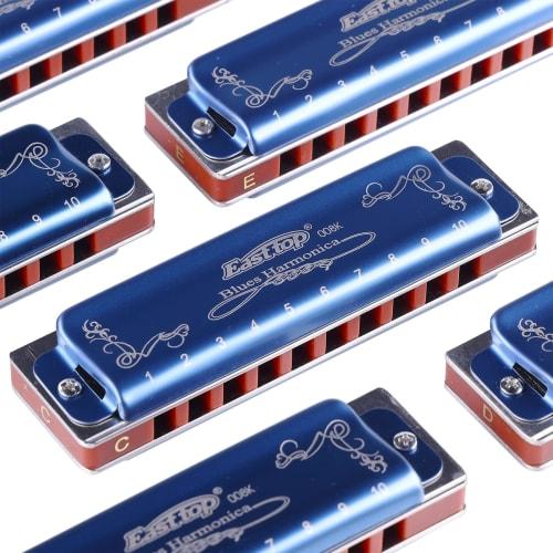 East Top 12-Piece Blues Harp Set, 10 Holes, 20 Tones, Brass Cover, Canvas Case, and Cleaning Cloth, for Beginners, Professionals, and Study/Practice,