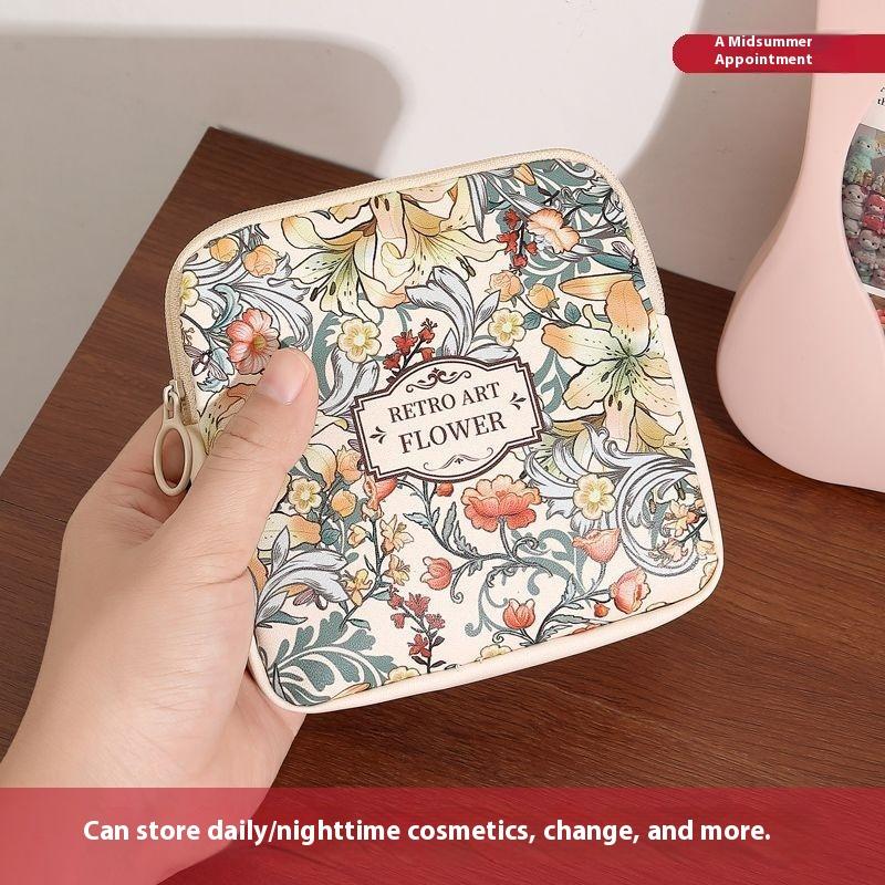Creative Pvc Sanitary Pads Bag  Floral Print Large Capacity Multipurpose Coin Purse Portable Cosmetic Storage Bag