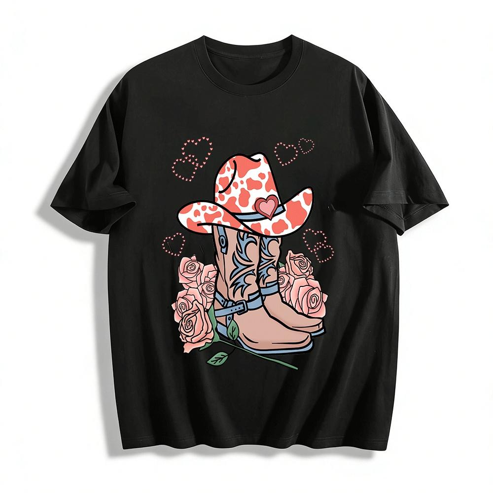 

Heart Cowboy Hat Boots Rose Print Casual Top Pure cotton T-shirt XXS
