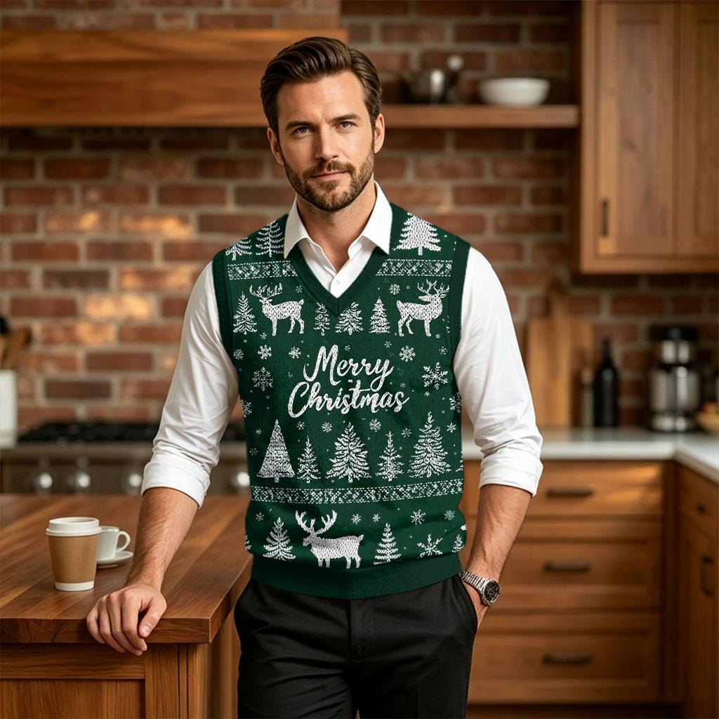 Men's Casual Wool V-Neck Knit Vest with Christmas Print for Commute and Daily Wear