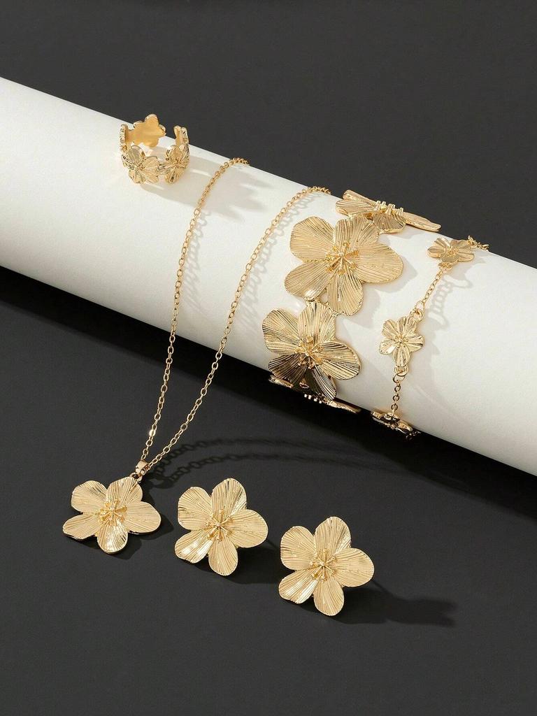5/6PCS Women's W Jewelry Set Fashionable Casual Flower Necklace Bracelet Earrings Ring Set Suitable for Daily Wear and As Gifts