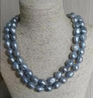 Double Strands Natural 12mm Baroque Silver Gray Pearl Necklace 18-19inch