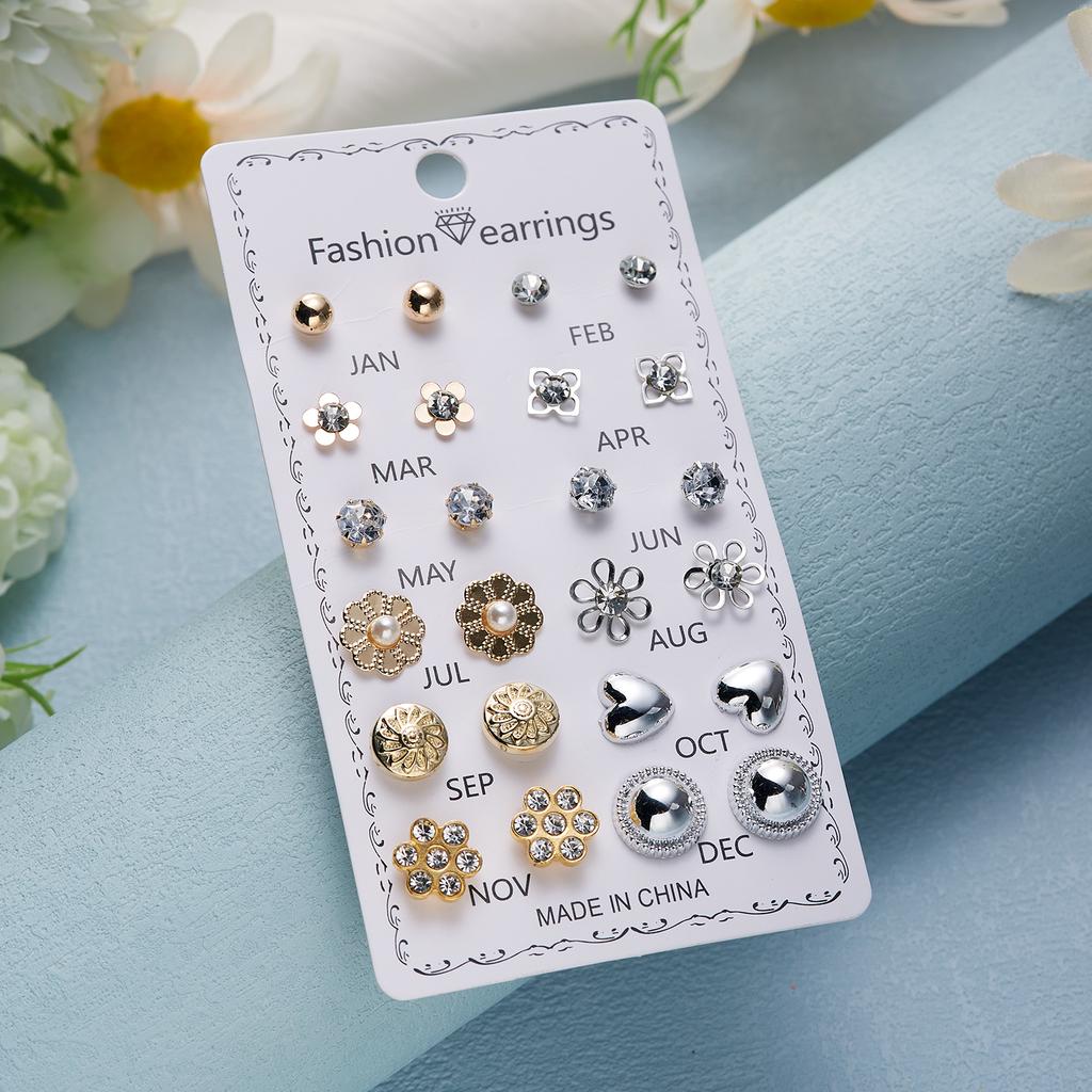 12 Pairs/set Crystal Simulated Pearl Stud Earring Sets For Women Shiny Rhinestone Flower Moon Star Metal Earring Mixed Zircon