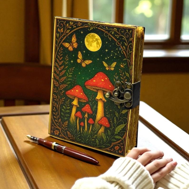 Handmade Leather Journal – Enchanted Forest Mushroom Leather Journal – Handmade Deckle Paper Notebook 5x7" 200 Page