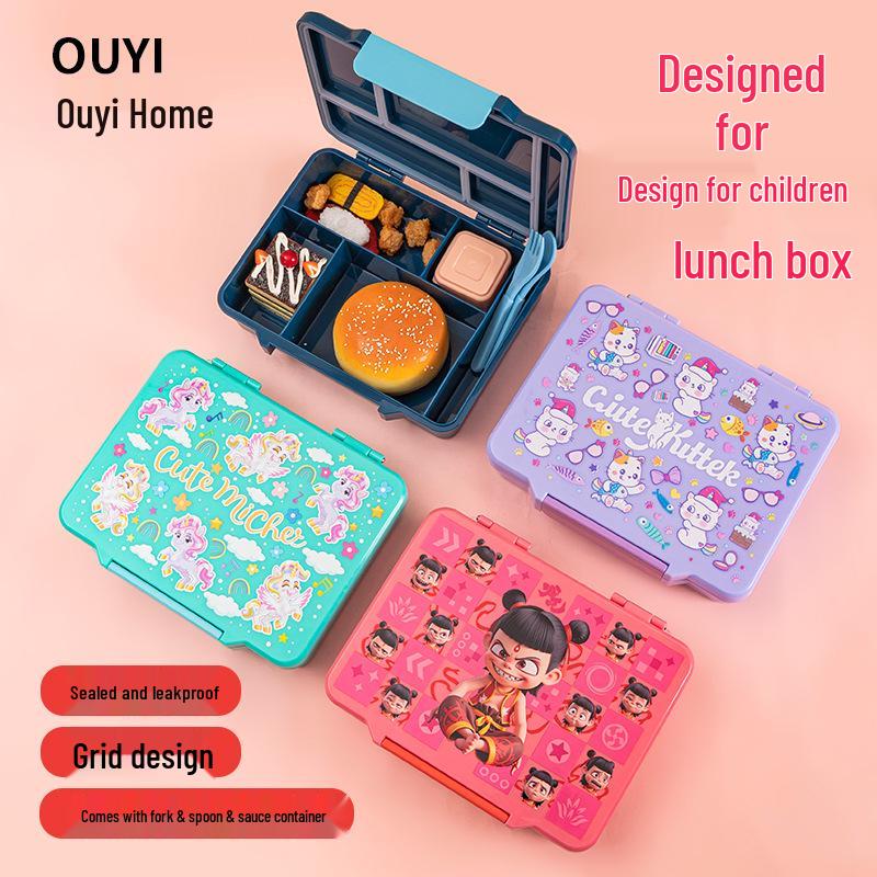 Large Capacity Food-Grade PP Bento Box with Cutlery - Cartoon Design for Students and Kids