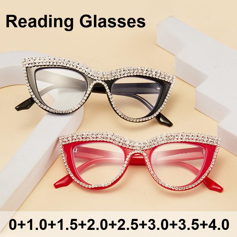 New Personalized and Fashionable Handmade Diamond Studded Cat Eye Reading Glasses with Anti Blue Light Retro High-definition Far Sight Eyeglasses
