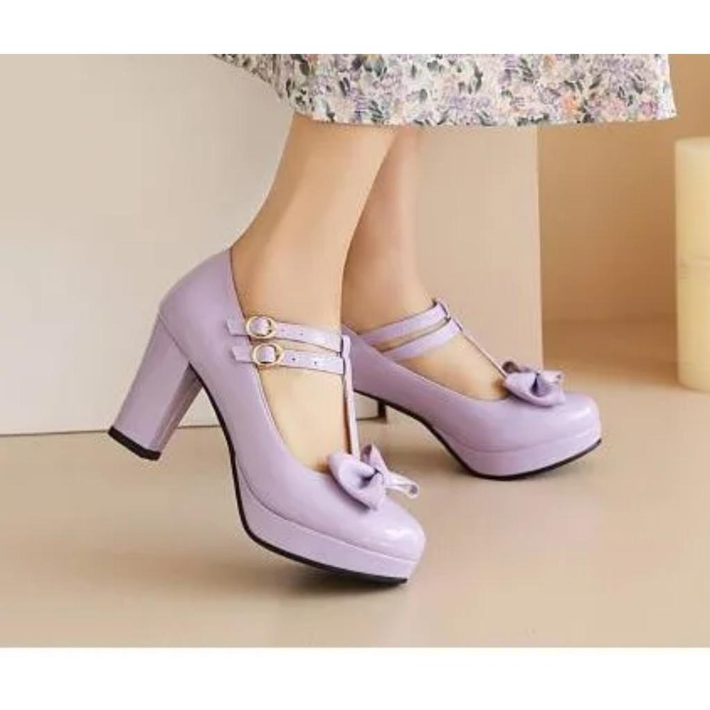 Women Mary Jane Shoes Lolita High Heels Bow T-Strap Platform Pumps Thick Heels Shoes Princess Wedding Party Shoes Plus Size33-46