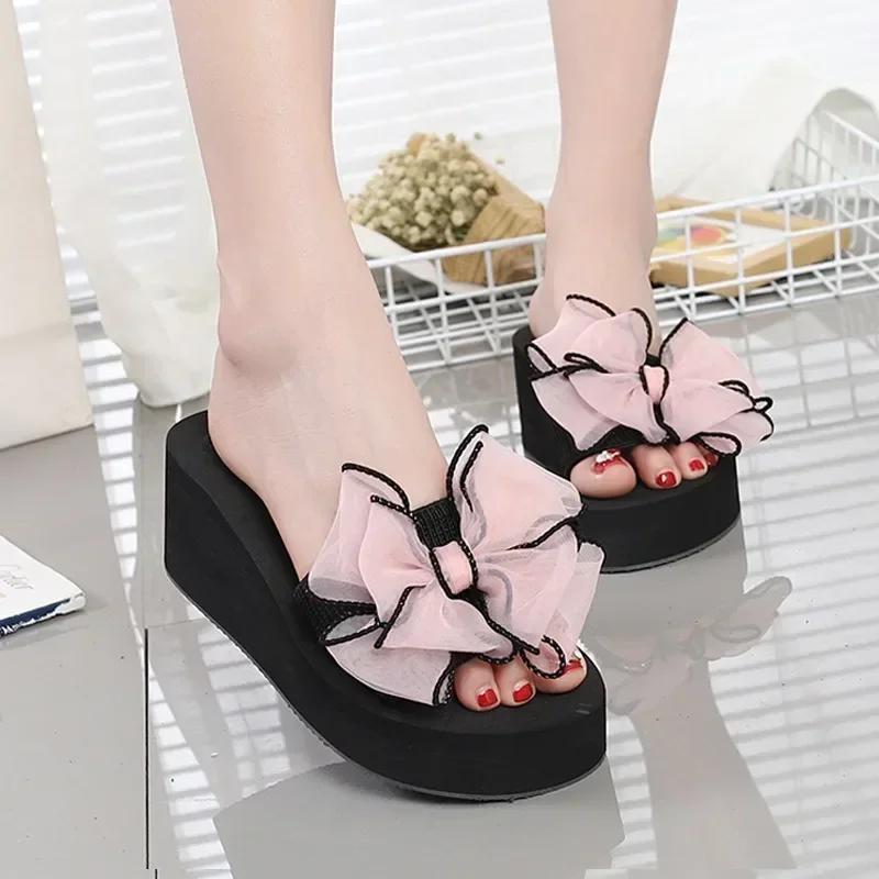 Fashion Chic Black Platform Flip - Flops with Mesh Pink Bow - Ideal for Summer Beach & Casual Outings
