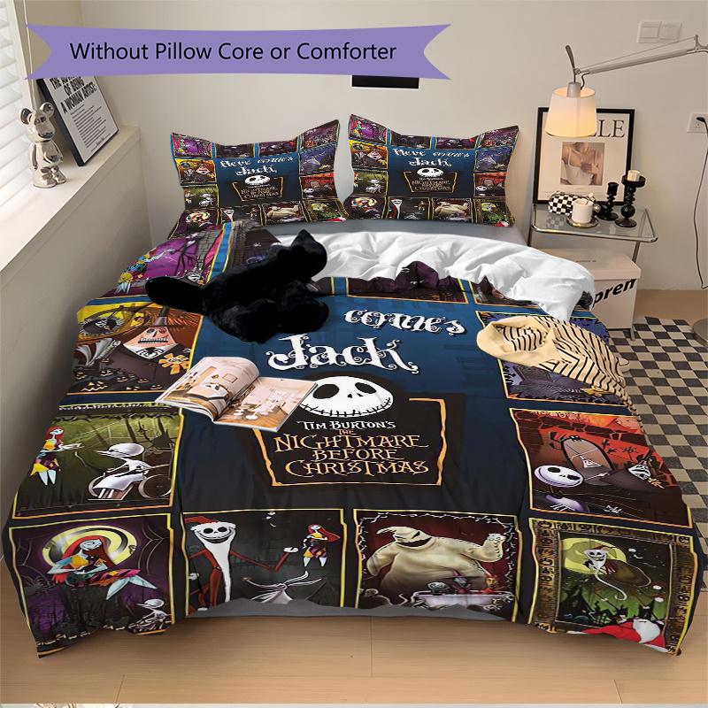 3pcs Jack Skellington Quilt Set, Soft and Comfortable Bedroom, Guest Room and Dorm Decor Bedding Set 1 Quilt Cover + 2 Pillowcases.F052