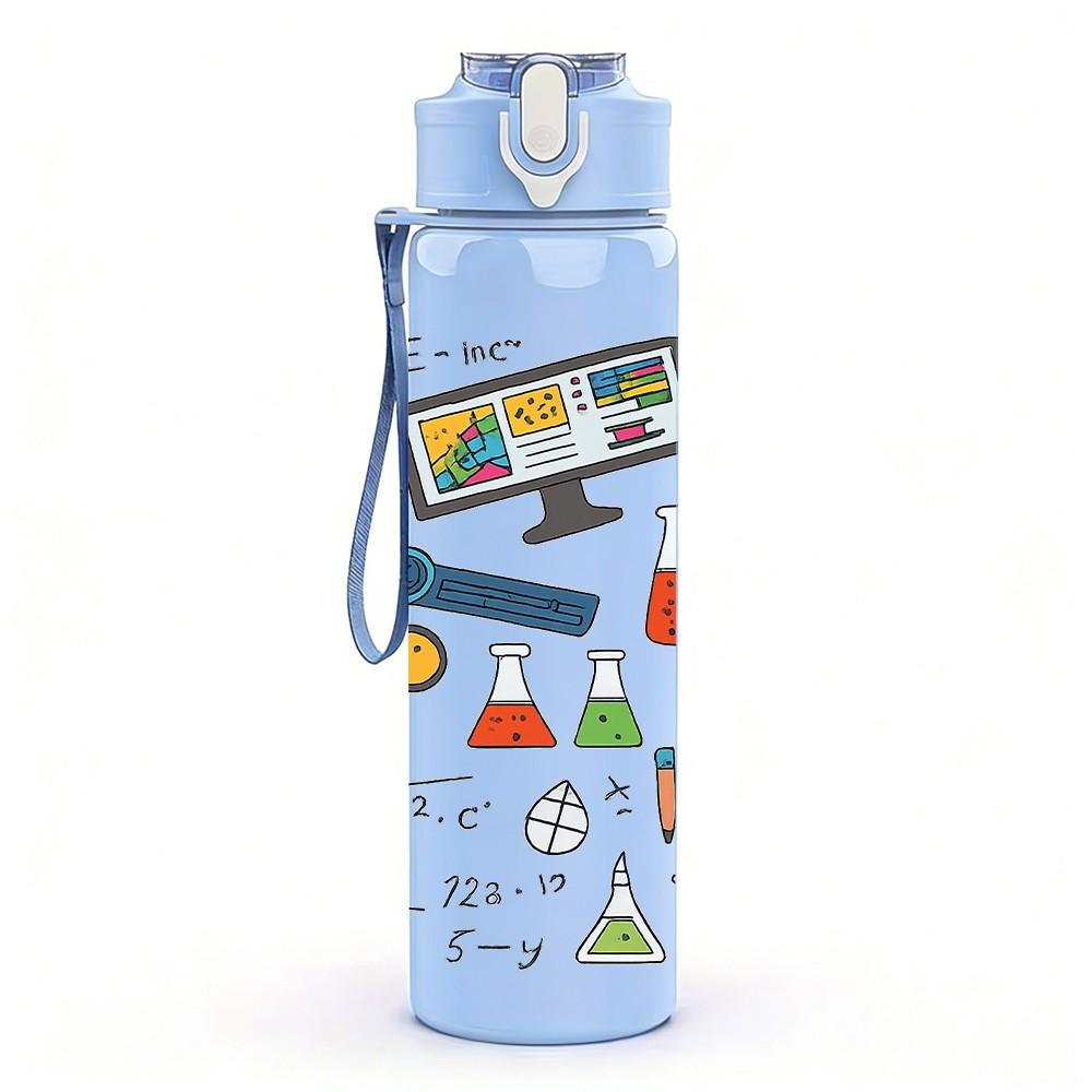 1PC Doodle Mixed Stationery Pattern Print 750ml Color Plastic Sports Water Bottle Leakproof Flip Straw Lid Suitable for Sports Office Home Use