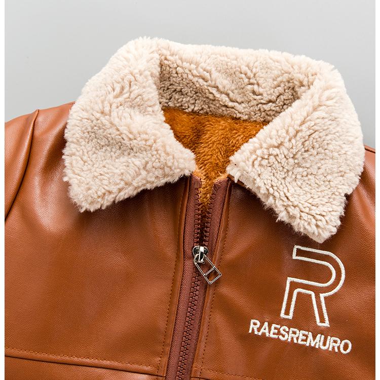 Boy's Plush Thickened Leather Coat Children's Autumn and Winter Leather Jacket Locomotive Handsome Coat
