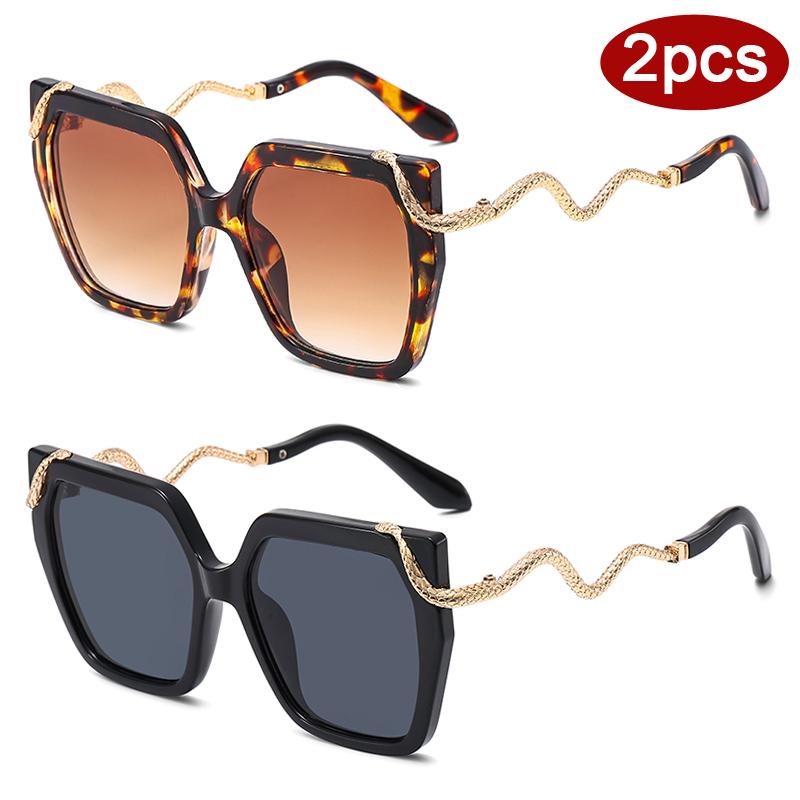 Protective Glasses 2pcs Large Frame Square Sunglasses Women Metal Frame Eyewear Gradient Design Ladies Snake Decoration Glasses