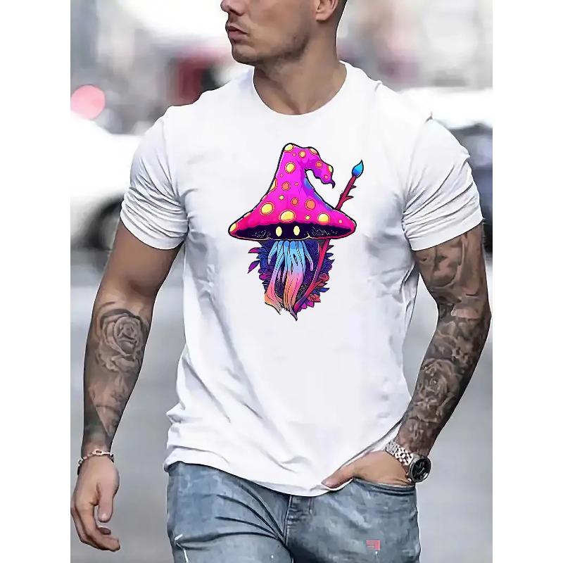European Sizes Mushroom Mage Men's Fashion Trend Print, Men's Round Neck Short Sleeve T-Shirt, Vacation Camping Casual Tee, Comfortable Summer Top