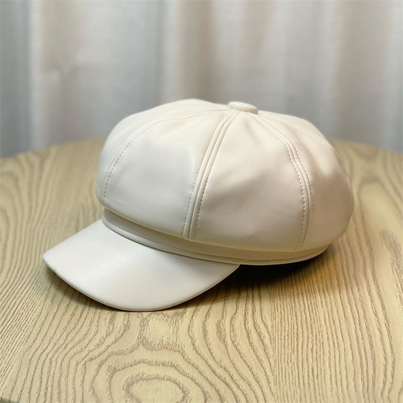 Autumn and Winter Women's Big Head Octagonal Hat Leather Painter's Hat Korean Version PU Large Peaked Cap British Versatile Beret Men's Winter