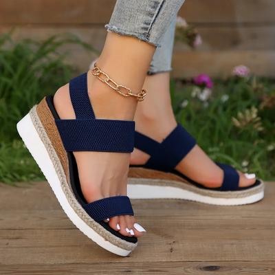 Fashion Women's Shoes 2024 Hot Sale Elastic Band Women's Sandals Summer Open Toe Solid Color Wedge Beach Shoes Ladies Platform Sandals