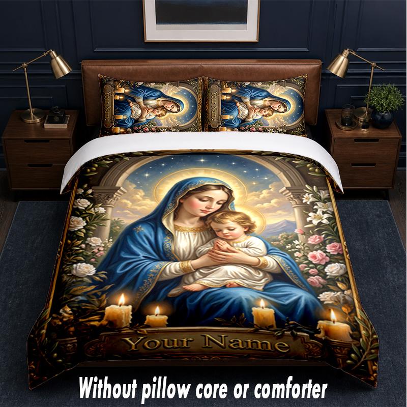 Set Biancheria da Letto 3 Pezzi Tema Vergine Maria Testo o Nome Personalizzato, 1 Lenzuolo Sotto e 2 Federe Biancheria da Letto Personalizzata per la Casa