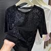 Women's Summer Ice Silk Mesh Short-Sleeve Slimming Top with Slightly Sheer Fit Round Neck Inner Layer Top
