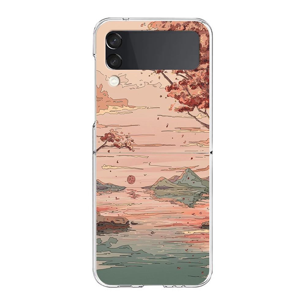 INS Korean Sunset Scenery Case For Samsung Galaxy Z Flip 3 4 5G Hard HD Folding PC Phone Cases For Samsung Z Flip3 Clear Cover
