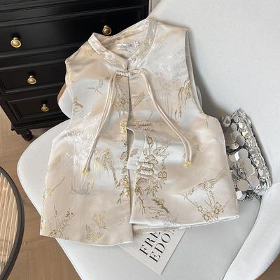 Temperament Satin Brocade Vest Women's Stand-up Collar Jacquard Sleeveless Vest