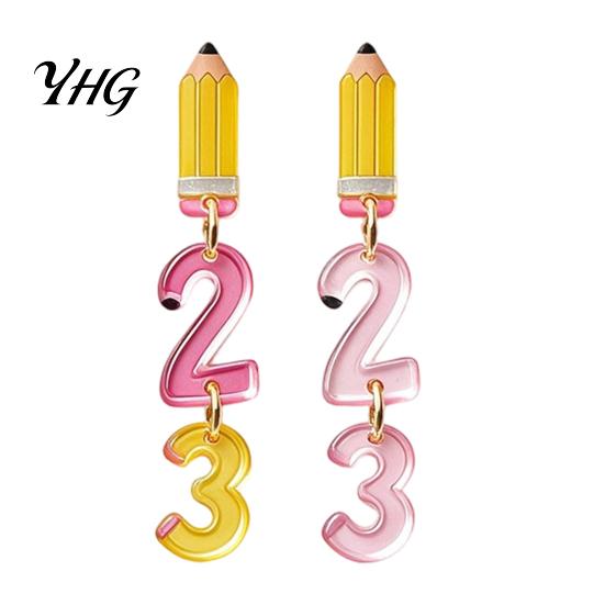 Creative School Theme Dangle Drops 1 Pair Teacher Earrings for Women, Cute 2D Acrylic Crayon Pencil Backpack Appreciation Day Jewelry Number Alphabet
