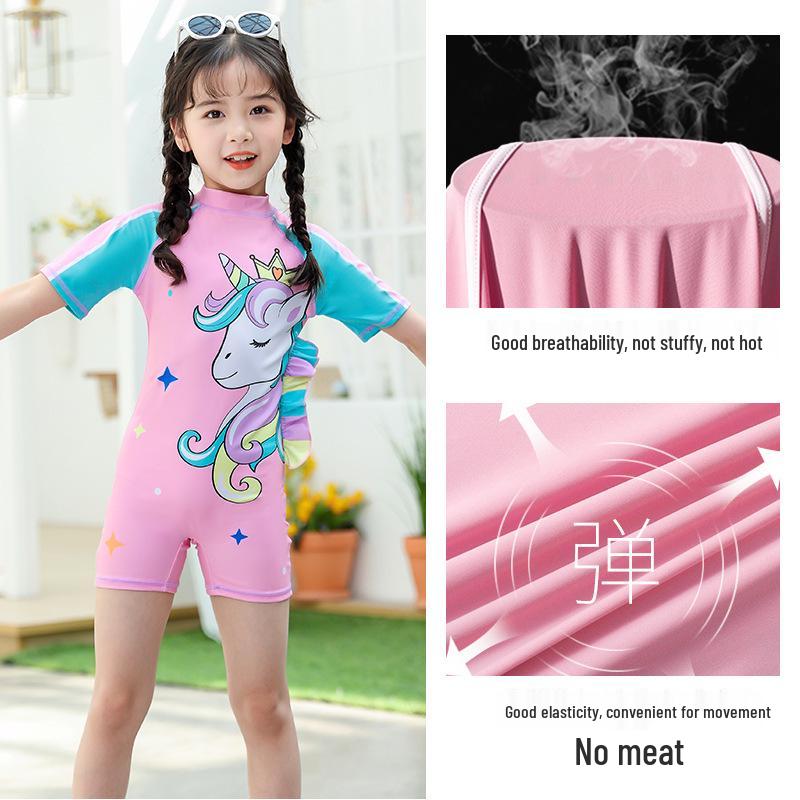 In Stock: Girls' Quick-Dry Sun Protection One-Piece Swimsuit, Sizes S, M, L, Boxer-Style Baby Swimwear