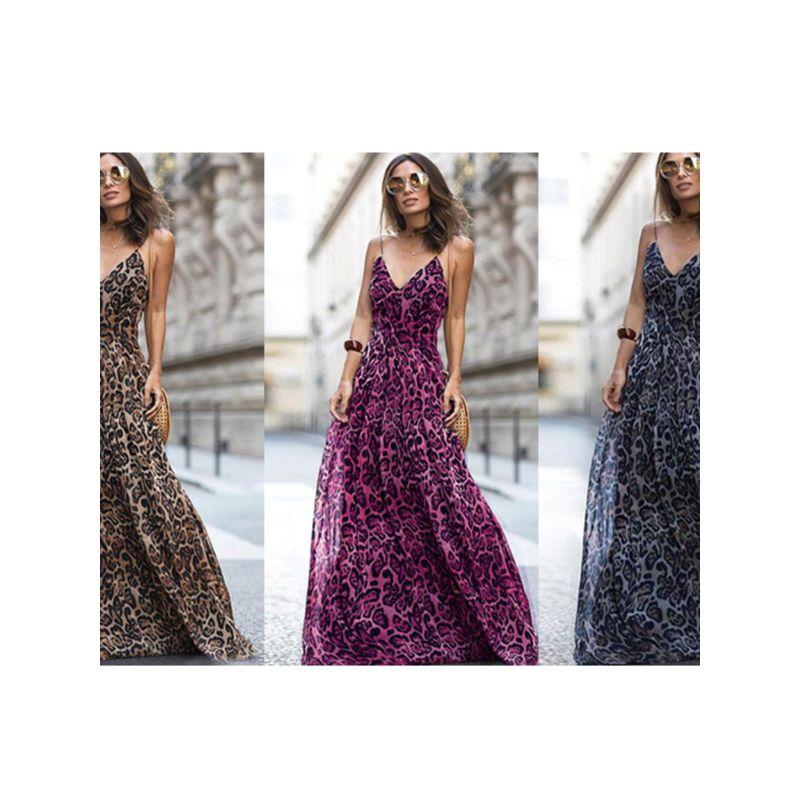 

Amazon Export Fashion European and American Style Cross-Border Sexy Leopard Print V-neck Sling Dress Long Dress Trendy Women s Good Quality Brown XL