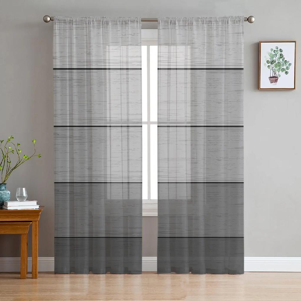 Wood Grain Grey Gradient Sheer Drapes for Bedroom Living Room Ornamentation Window Curtain for Kitchen Netting Voile Silk-like Fabric Drapes