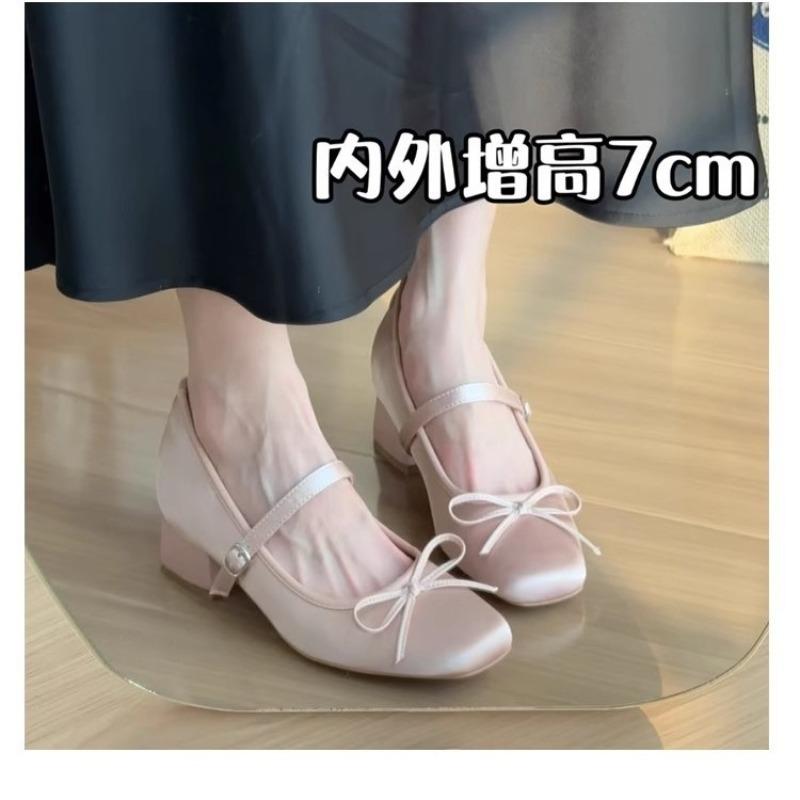 One-word Buckle Inner Height Increase Single Shoes Women's New Autumn Silver Small Thick Heel Mary Jane Small Leather Shoes