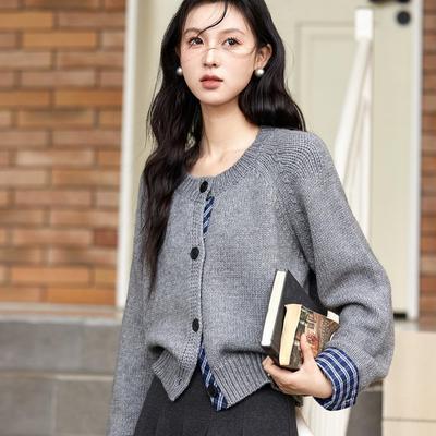Argyle Knitted Cardigan Spliced Sweaters Color Clash O-Neck Long Sleeves Tops Versatile Soft Warm Office Lady MXD58Z1124