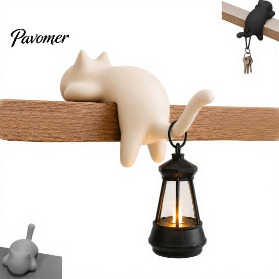 Retro Style Table Lamp Cat Shape Shelf Hook with LED Lantern, Vintage Decorative Light for Lovers Hanging Ornament, Soft Glow Night Bookshelves