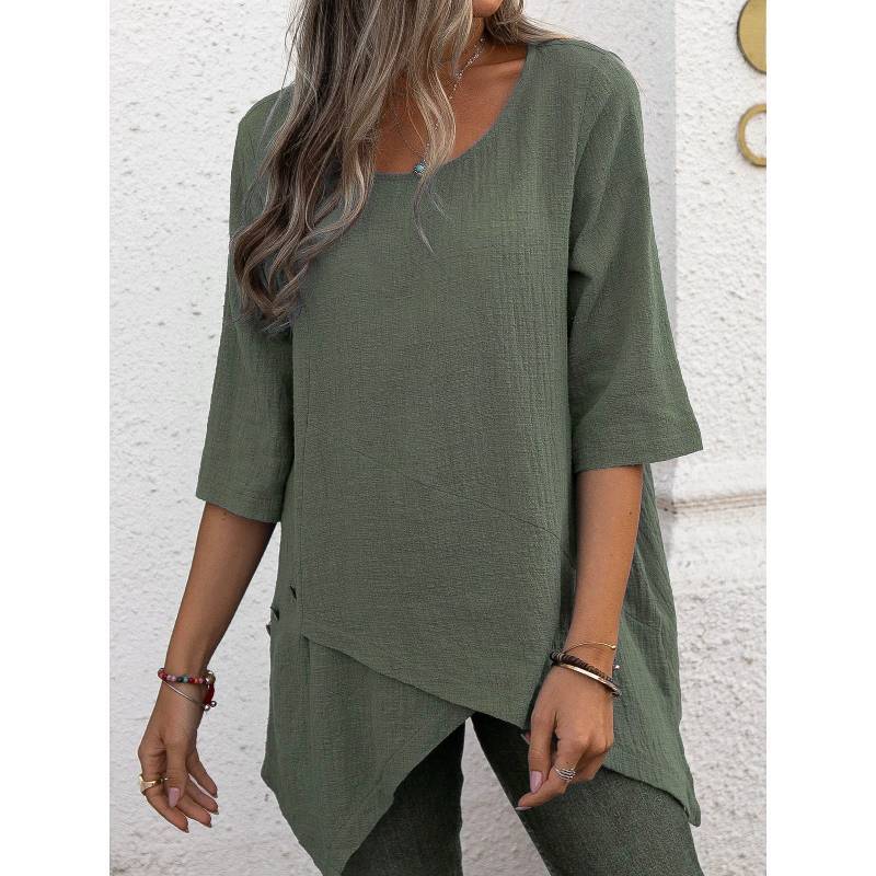 Camicia in Cotone e Lino Stile Bohémien Vestibilità Larga con Design Irregolare per Abbigliamento Casual Primaverile