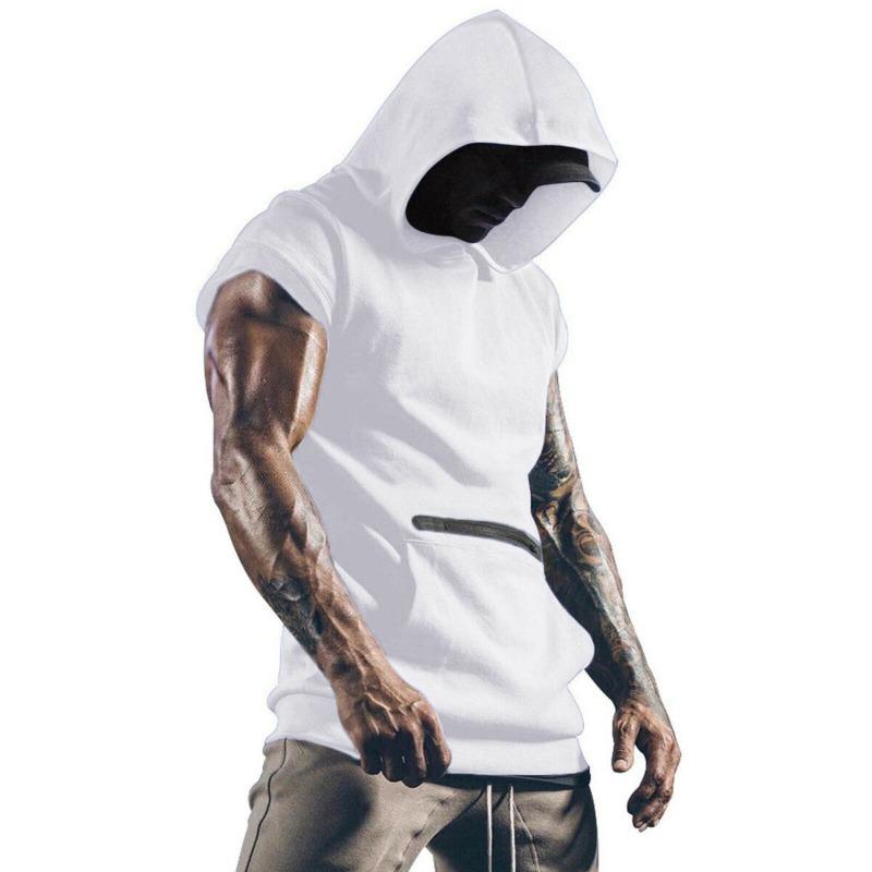 Mens Hooded Short Sleeve Zip Pocket Sleeveless Muscle Workout T-Shirt M