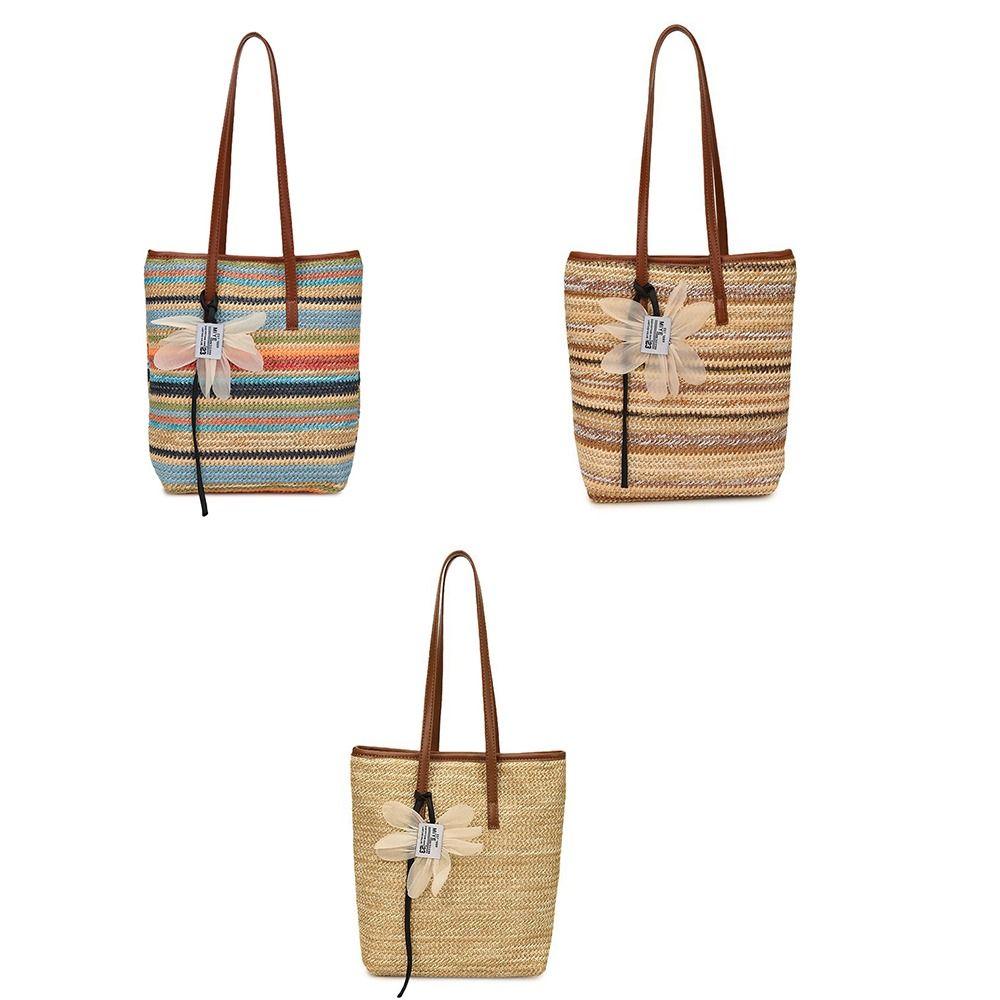 Bohemian Style Rainbow Woven Handbag with Flower Pendant Summer Bucket Bag  Shopping