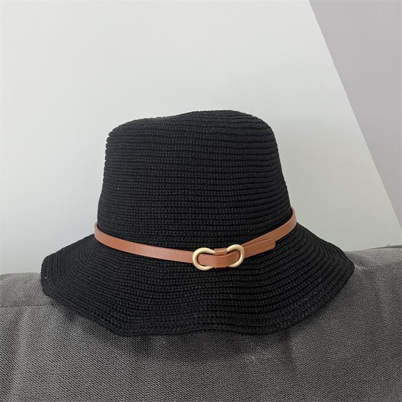 Gürtel wellige Kante gestrickter Eimerhut Damen Herbst und Winter faltbar retro vielseitig lässig Sonnenschutz Beckenhut