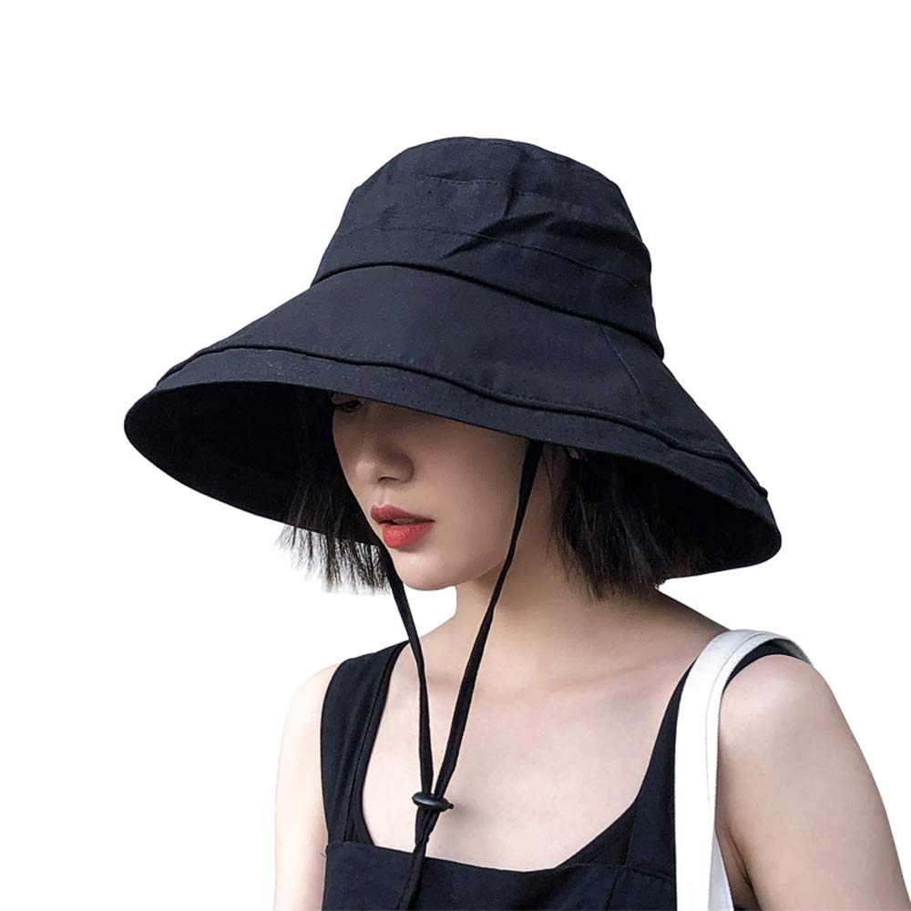 

wide slimming adjustable Velcro chin UV for outdoor sun Scallop UV-blocking hat, brim, effect, strap, windproof, protection, women s hat, foldable, чёрный