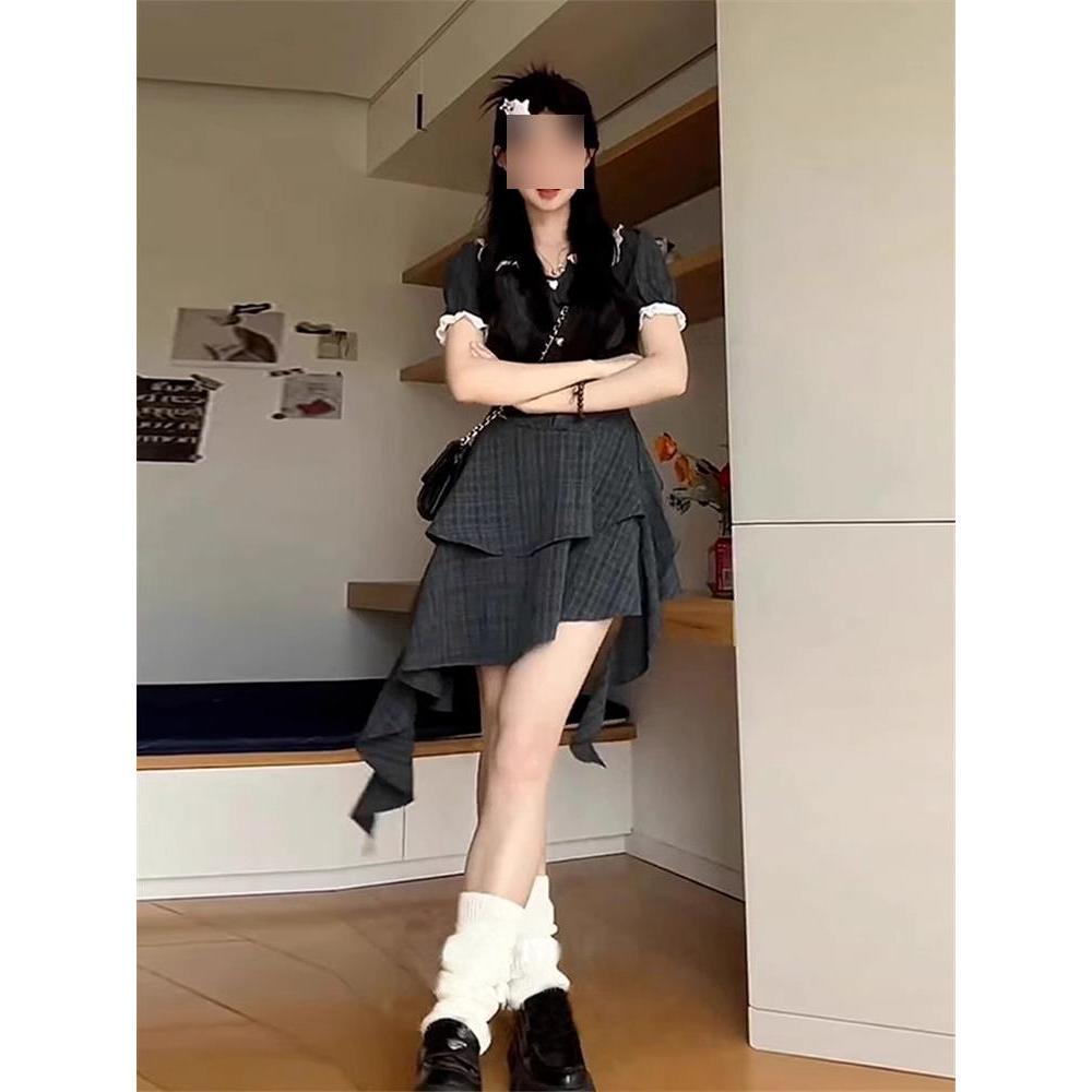 Petite Irregular Cake Skirt Plaid Dress with Peter Pan Collar - Women’s French Preppy Summer Style